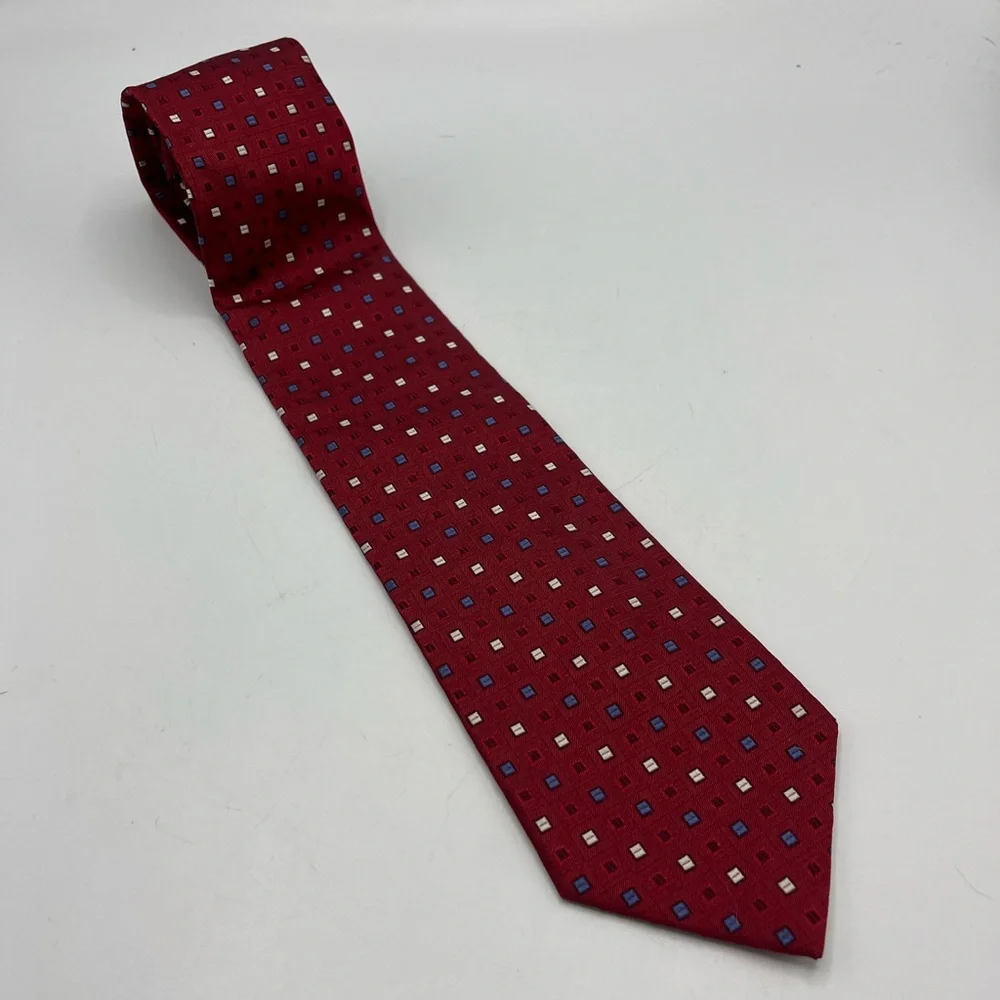 Calvin Klein 100% Silk Necktie Red White Blue Geometric Blocks Power Tie